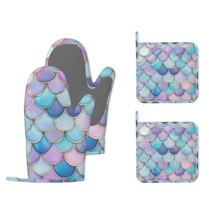 Pink Mermaid Scales Heat-Resistant Silicone Oven Mitts and Pot Holders,Long Oven Gloves with Non-Slip Grip for Cooking, Baking, Grilling,BBQ - color: Pink Mermaid Scales