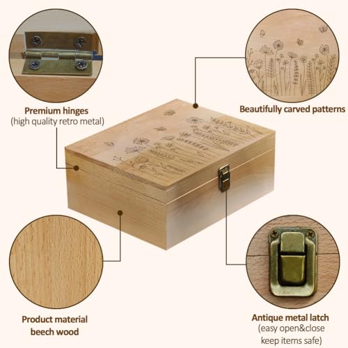 arricraft 1 Pc Wood Memory Keepsake Box, Wildflower Butterfly Bee Memory Box with Hinged Lids Floral Keepsake Chest for Anniversary Birthday Picture Letter Storage 9.6x7.6x4 inch(24.5x19.5x10.3cm)