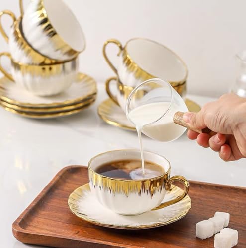 CHANJOON 6 Teacups Tea Tray Spoon Set, 6oz with Galvanized Gold Rim and Gift Box, Ceramic White English Coffee Teacup (gold, medium) - color: Gold, size: medium