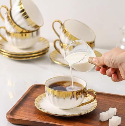CHANJOON 6 Teacups Tea Tray Spoon Set, 6oz with Galvanized Gold Rim and Gift Box, Ceramic White English Coffee Teacup (gold, medium) - color: Gold, size: medium