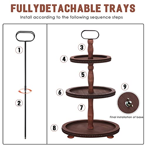 Urban Deco Wooden Tiered Tray 3-Tier Decorative Tray Stand Farmhouse Serving Tray, Round Wooden Cupcake Display Stand with Metal Handle, Brown Tiered Fruits Tray for Home Party Decorations - style: 3 tier-brown
