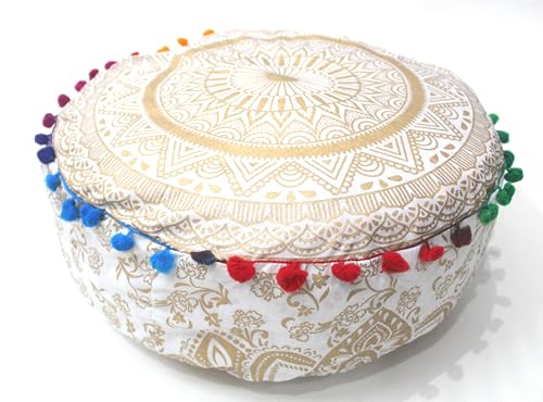 CK 18 Inch Round Gold Mandala Floor Cushion Cover, Orange Bohemian Pouf Cover, Cotton Ottoman Floor Pillow Cover, Decorative Meditation Yoga Cushion Case for Living Room, Home Decor (Cover Only) - color: Gold, size: 18"D x 18"W x 5"H