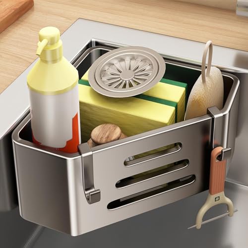 Kitchen Sink Sponge Holder – Adhesive No-Drill Caddy, Rustproof Organizer with Suction Cups | Storage Rack for Sponge, Soap, Stopper & Brush (Sink Caddy With 2 Hooks) | Kitchen Sink Sponge Holder