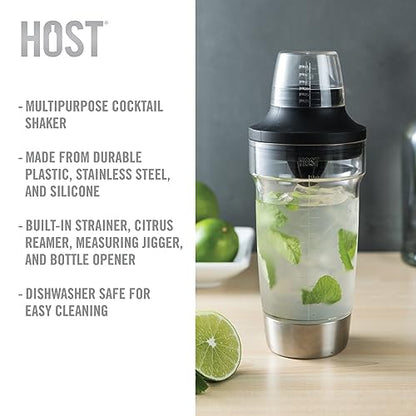 Host All in One Cocktail Shaker Set with Measurements, Reamer, Bottle Opener, Strainer and Jigger for Cold Brew Cocktails, Home Bar, Bartending, Camping, Picnic, Outdoor Party, On the Go, 18 oz - style: All in One Shaker