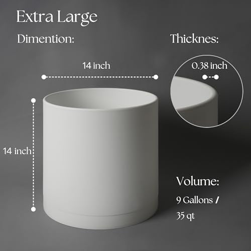 Giraffe Creation 14 Inch Cylinder Plant Pot, Modern Round Planter with Drainage Holes and Saucer, Durable Plastic Flower Pot for Indoor Outdoor Plants, White - color: White 14 Inch