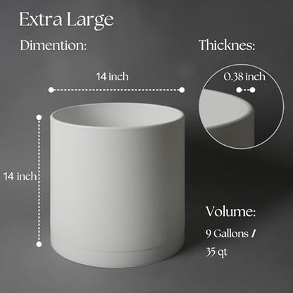 Giraffe Creation 14 Inch Cylinder Plant Pot, Modern Round Planter with Drainage Holes and Saucer, Durable Plastic Flower Pot for Indoor Outdoor Plants, White - color: White 14 Inch