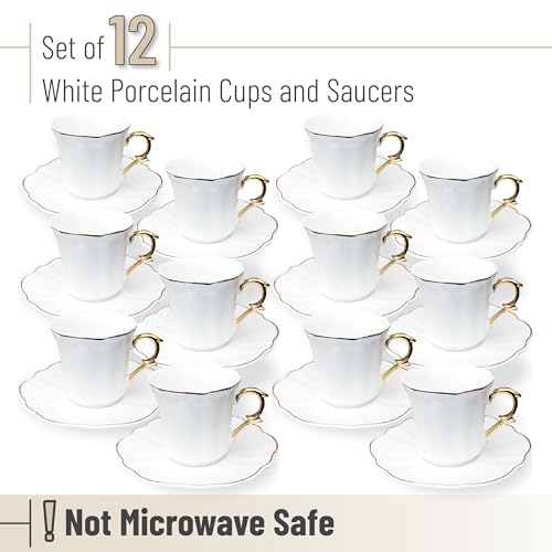 BTaT- Porcelain Espresso Cups Set, 3 oz, 12 Set, Small Coffee Mugs | Elegant White Cups Saucers Gold Trim Espresso Set Greek Arabic Turkish Coffee Gift Use - color: White, size: Set of 12