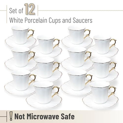 BTaT- Porcelain Espresso Cups Set, 3 oz, 12 Set, Small Coffee Mugs | Elegant White Cups Saucers Gold Trim Espresso Set Greek Arabic Turkish Coffee Gift Use - color: White, size: Set of 12