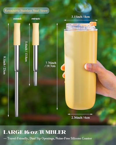 16 oz Insulated Coffee Tumblers, Travel Coffee Tumblers with Straw (Yellow) | Double-Wall Stainless Steel Tumbler, Leak Proof Tumbler, Reusable Cups with Lids for lced and Hot Drinks - color: 16-Yellow, size: 16 Ounces