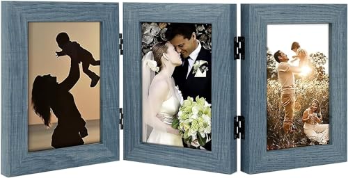Golden State Art, 4x6 Triple Picture Frame Blue- Real Glass, 1 Pack | Trifold Photo Frame Vertical Display for Desktop - Three Folding Picture Collage - color: Blue, size: 4x6(1 Pack)
