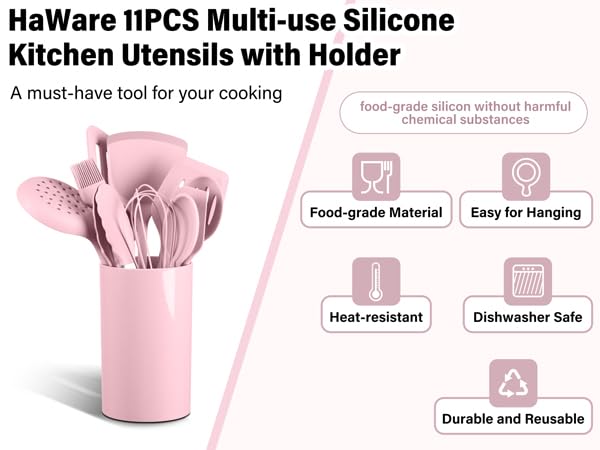 HaWare 11 PCS Silicone Cooking Utensils Set, Heat Resistant Kitchen Utensils with Holder, Food-grade Spatula Sets for Nonstick Cookware, Kitchen Tools Gadgets Include Fish Turner, Spoon (Pink) - color: Pink
