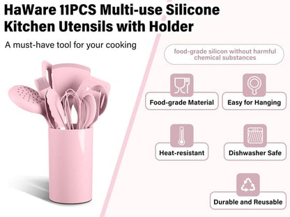 HaWare 11 PCS Silicone Cooking Utensils Set, Heat Resistant Kitchen Utensils with Holder, Food-grade Spatula Sets for Nonstick Cookware, Kitchen Tools Gadgets Include Fish Turner, Spoon (Pink) - color: Pink