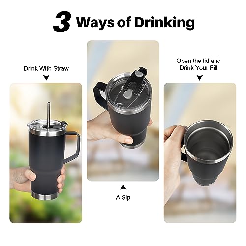 20 oz Tumbler with Handle, Stainless Steel Insulated Tumbler with Lid and Straw, Double Wall Vacuum Coffee Mug Tumbler, Insulated Coffee Thermal Cup for Cold and Hot (Black) - color: Black, size: 20 Ounces