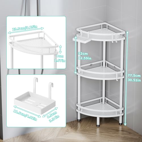 HapiRm Standing Corner Shower Caddy - 3 Tier Large Capacity, White | Shower Organizer Corner with Soap Holder and 4 Hooks, Rustproof Bathroom Storage Shelves with Adhesives - size: 3-tier