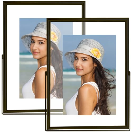 4x6 Floating Picture Frames Set of 2, Made of Metal and Double Real Glass, for Photo Size up to 6x8, Tabletop Display Home or Wedding Decoration (Vertical Black) - color: Black (Vertical), size: 6x8 for 4x6 (2 Pcs)