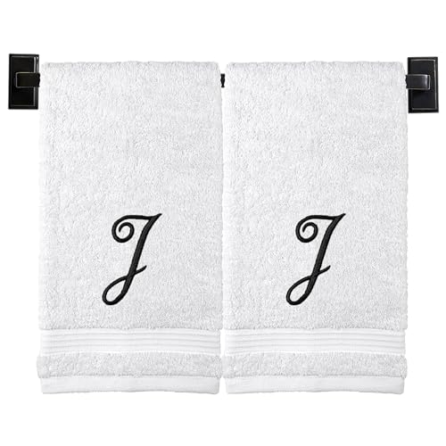 White Hand Towels for Bathroom - Monogrammed | Luxury Cotton Turkish Towels | Embroidered in USA | Set of 2 | Choose Set Color and Letter | A - Z | Script Font - color: White