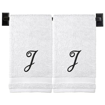 White Hand Towels for Bathroom - Monogrammed | Luxury Cotton Turkish Towels | Embroidered in USA | Set of 2 | Choose Set Color and Letter | A - Z | Script Font - color: White