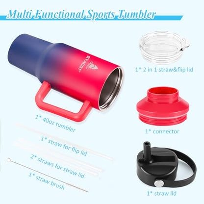 40 oz Tumbler with Handle and Straw or Convert to 40 oz Insulated Water Bottle Fits in Cup Holder. Stainless Steel Metal Water Flask with 2 Lids for Travel,Camping,Gym Sports Coffee Mug Thermal Cup - color: Ruby Red Navy