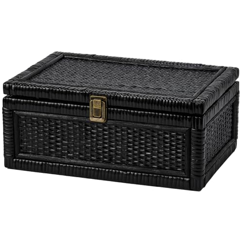 Rattan Box with Lid Decorative Natural Handmade Boho Baskets | Keepsake Memory Jewelry Container, Rectangular Desk Shelf Closet Organizer, Woven Wicker Cane Bins, Black, Large Size - color: Black, size: Large