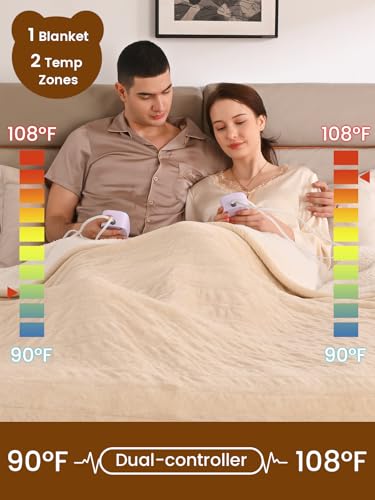 Bearhug Electric Blanket King Size with Dual Controls, 10 Heat Levels & 1-12H Auto Shut-Off, Fast Heating Soft Velvet to Sherpa Heated Blanket for Couples, Machine Washable, Beige - color: Beige, size: King Size 100" × 90"