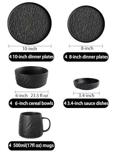 AOSIFIEL Ceramic Dinnerware set with Mugs for 4, 20 pcs, Dish set for 4, Porcelain Plates and Bowls Sets, Black Dishware Sets Stoneware Dinner Plates Sets Platos de Cocina Vajilla - color: Black Rock-Textured with Mug（20pcs）