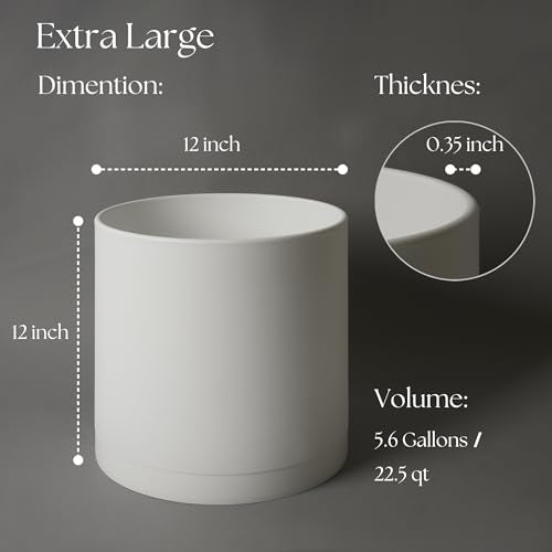 Giraffe Creation 12 Inch Cylinder Plant Pot, Modern Round Planter with Drainage Holes and Saucer, Durable Plastic Flower Pot for Indoor Outdoor Plants, White - color: White 12 Inch