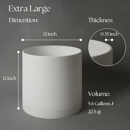 Giraffe Creation 12 Inch Cylinder Plant Pot, Modern Round Planter with Drainage Holes and Saucer, Durable Plastic Flower Pot for Indoor Outdoor Plants, White - color: White 12 Inch