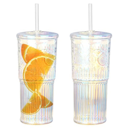 Bandesun All Glass Iced Coffee Cup With Lids and Straws，24 OZ Rainbow High Borosilicate Glass Tumbler for Water Smoothie Juice Drinks - color: Rainbow