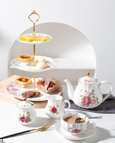 Sweejar 3 Tier Ceramic Cake Stand Wedding, Dessert Cupcake Stand for Tea Party Serving Platter (Rose Flower) - color: Rose Flower