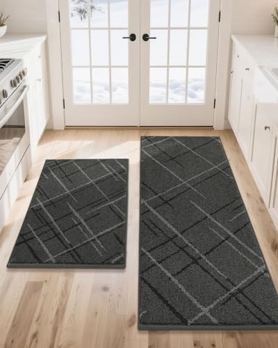 COSY HOMEER Kitchen Rugs,4 PCS Kitchen Mats Non Slip Washable,Gray | Absorbent Kitchen Runner Rugs for Floor, Polyester Kitchen Sink Rug 24"x36" + 24"x60" - color: Grey, size: 24"x36" + 24"x60"