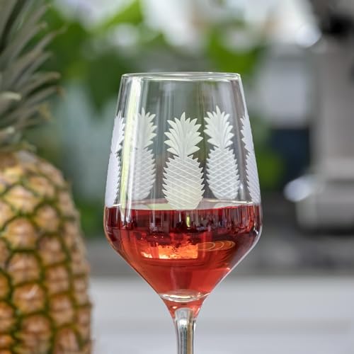 Rolf Glass Fresh Pineapple All Purpose Wine Glass | 19.5oz Stemmed Glass | Lead-Free and Diamond-Wheel Engraved | Tropical Etched Pineapple Design | Coastal Glassware | Set of 4 - color: All Purpose, size: Set of 4