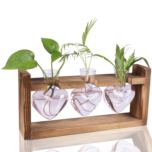 Kingbuy 3-Heart Plant Terrarium Kit with Vintage Wood Stand - Stained Glass Vase Propagation Station, Wall-Mounted & Tabletop Indoor Decor for Home Kitchen Wedding Gift, Light Pink - color: Light Pink