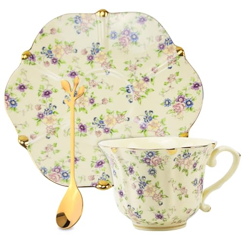 Country Roses Porcelain Tea Cup and Saucer Set with Gold Trim, Vintage Style, For Women and Tea Parties (1, Yellow) - color: Yellow