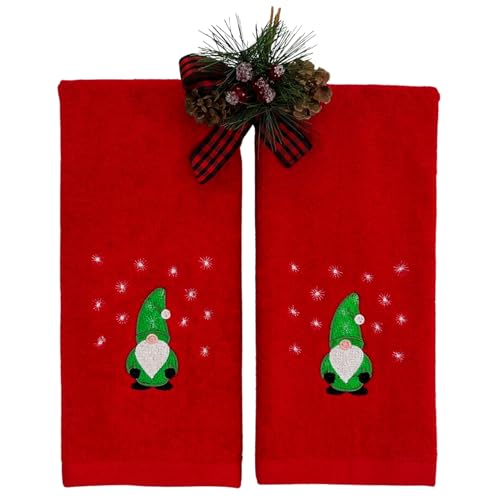 Holiday Christmas Guest Hand Towels: Festive Embroidered Gnome Country Farmhouse Red Terrycloth Towels with Winter Theme, 2 pc, 16 x 25 - color: Green Gnome on Red