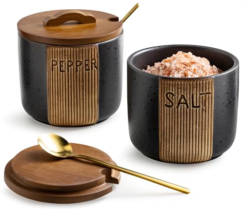 Salt and Pepper Bowl, Ceramic Salt Containers for Countertop | Salt and Pepper Cellar with Wooden Lid and Spoons, Easy Access, Farmhouse Kitchen Accessories, 10 OZ, Black - color: Black, size: Set of 2