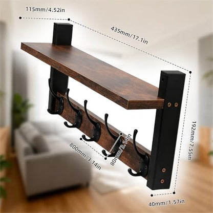 Wall Mounted Coat Hook with Shelf, 17 Inch | Entryway Key Holder, Mail Organizer, For Living Room Bedroom Kitchen Laundry Room