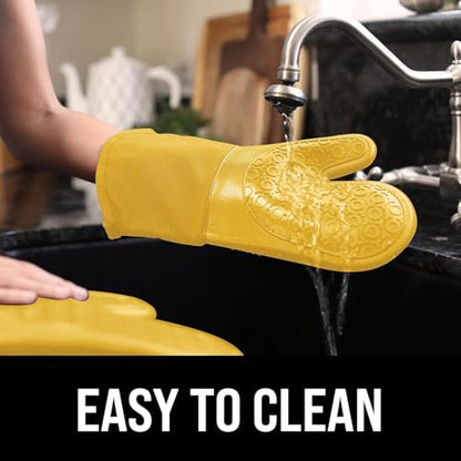 BPA-Free Soft Silicone Oven Mitts - Ultra Heat Resistant Oven Mitts with Thick Cotton Liner - Long Slip Resistant Pot Holders, Flexible Oven Gloves - Yellow 13.7" - color: Yellow, size: 2-Piece 13.7" Oven Mitts