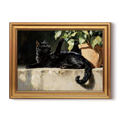 InSimSea Gold Framed Black Cat Wall Art, Vintage Cute Pet Canvas Print | 12x16 Inch Rustuc Animal Painting Picture, Cottagecore Farmhouse Decor for Living Room Bedroom Bathroom - color: Black Cat, size: 16"L x 12"W