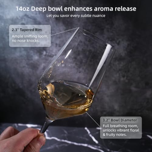 Crystal Wine Glasses Set of 4, 14oz for White Wine, Sturdy Bowl, Thin Rim | 100% Lead-free crystal, 0.2" thickened bowl with 0.04" thin rim, stury short stem, fits for daily sipping, gatherings, gifts