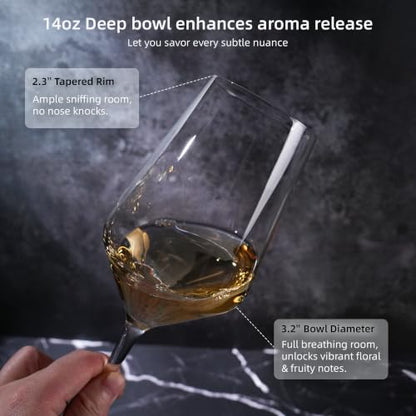 Crystal Wine Glasses Set of 4, 14oz for White Wine, Sturdy Bowl, Thin Rim | 100% Lead-free crystal, 0.2" thickened bowl with 0.04" thin rim, stury short stem, fits for daily sipping, gatherings, gifts