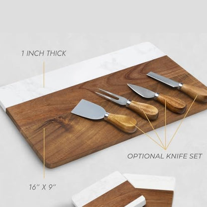HomeWetBar Personalized Acacia Charcuterie Board With cheese Knives | Custom 16 x 9 x 1/2 White Marble & Acacia Wood Cheese Board | Perfect Housewarming + Wedding + Couples Gift Idea - style: Winslow Cheese Board + Cheese Knives