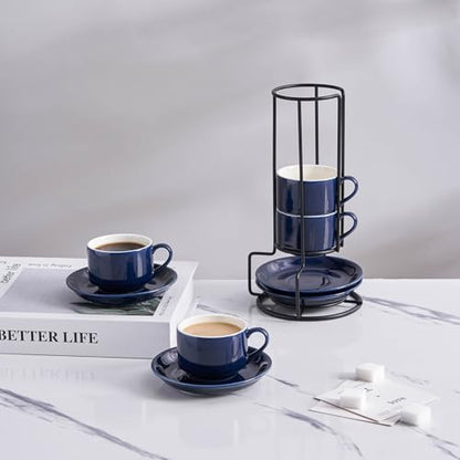 YOLIFE 2.5oz Espresso Cups Set of 4, Porcelain Stackable Espresso Cups with Saucers and Metal Stand, Expresso Shots Cup-Blue - color: Blue, size: 2.5oz