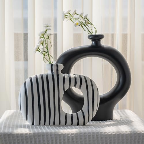 Relexome Donut Vases Set of 2,Black & White Striped Hollow Ceramic Flower Vases,Modern Nordic Minimalist Round Decorative Vase for Pampas Grass,Dried Flowers,Living Room,Table Centerpiece & Home Decor
