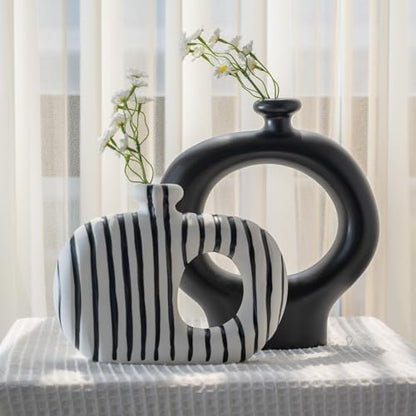 Relexome Donut Vases Set of 2,Black & White Striped Hollow Ceramic Flower Vases,Modern Nordic Minimalist Round Decorative Vase for Pampas Grass,Dried Flowers,Living Room,Table Centerpiece & Home Decor