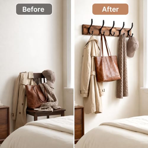 POZEAN Wooden Coat Rack Wall Mount, 2 Pack Wall Mounted Coat Hangers with 5 Double Hooks, Space Saving Organizer for Entryway,Bathroom, Clothes, Jackets, Hats, Keys(‎Brown Plate & Black Hooks)