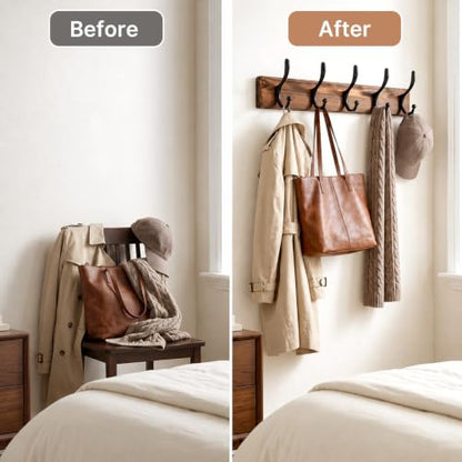 POZEAN Wooden Coat Rack Wall Mount, 2 Pack Wall Mounted Coat Hangers with 5 Double Hooks, Space Saving Organizer for Entryway,Bathroom, Clothes, Jackets, Hats, Keys(‎Brown Plate & Black Hooks)