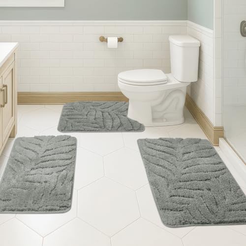 Bath Rugs Set 3 Pieces Bathroom Mat Soft Absorbent Plush Shaggy Soft Floor Non Slip Shower Bath Tub Machine Washable (Moss-Leaf, 20"x32"/20"x20"/17"x24") - color: Moss-leaf, size: 20"x32"/20"x20"/17"x24"