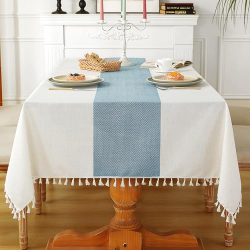 Laolitou Tablecloth for Dining Table Rustic Farmhouse Kitchen Tables Cloth Coffee Tablecover, Cotton Linen Fabric Small Rectangle Table Cloths, Beige, Blue Stripe, 55x55 Inch - color: Blue Stripe, size: 55" x 55" (Square)