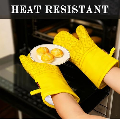 Oven Mitts and Pot Holders Sets 6pcs, Kitchen Oven Glove,High Heat Resistant 550 Degree Extra Long Oven Mitts and Potholders with Non-Slip Silicone Surface for Home Essentials (Grey) (Yellow) - color: Yellow