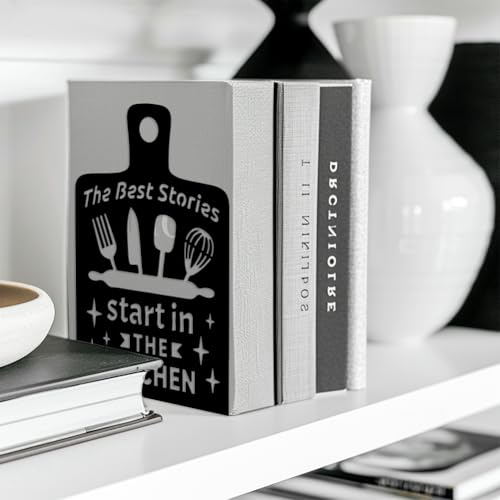 5.3"x4.3"x7.9" Metal Bookends, Heavy Duty Book Ends for Shelves | Cutting Board Theme Cast Iron Book Supports, 1 Pair Decor Stoppers for Desk, Library, Office & Home Shelves - style: Cutting Board